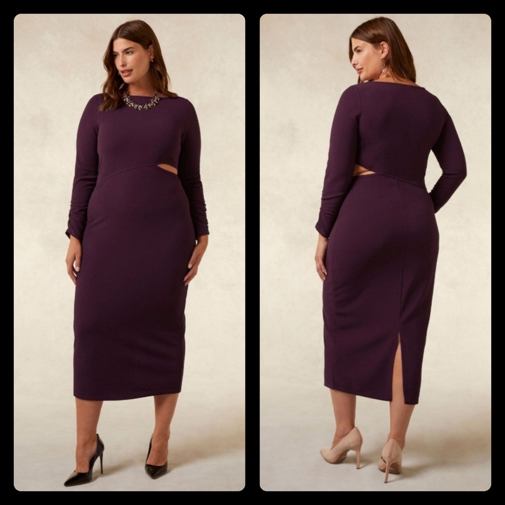 Knit Fitted Dress Purple Colour Plus Size 1X Boat-Neck by Addition Elle